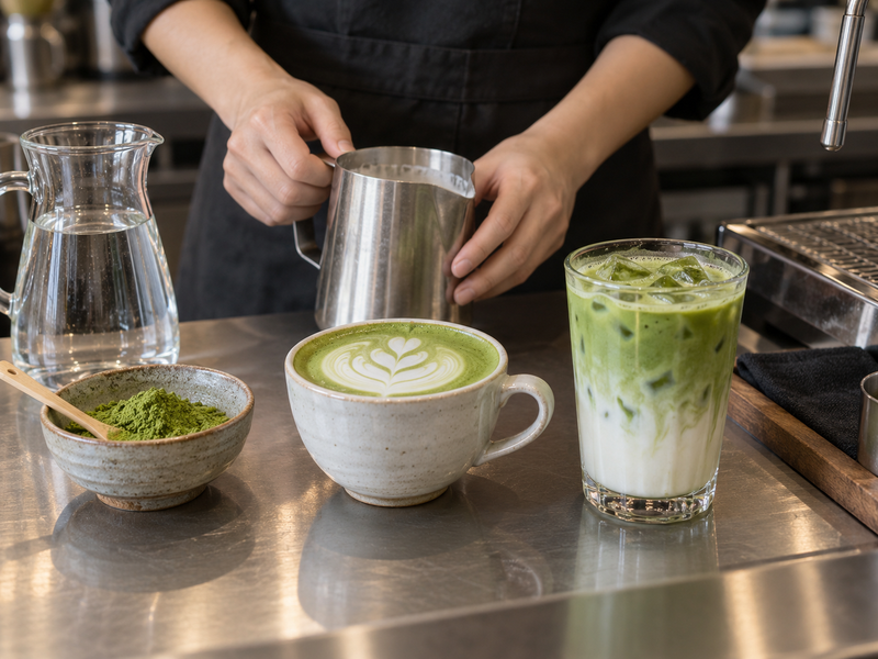 Hot and iced matcha latte samples at a commercial café bench