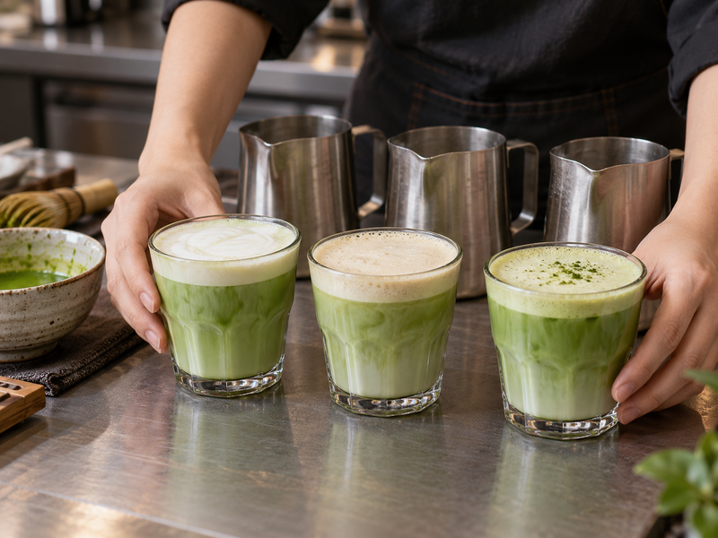 Dairy and plant milk matcha latte trials on a café counter