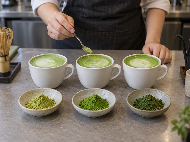 Identified matcha samples evaluated in identical café latte glasses