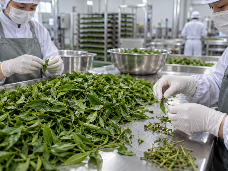Fresh tea leaves selected at a clean processing workbench