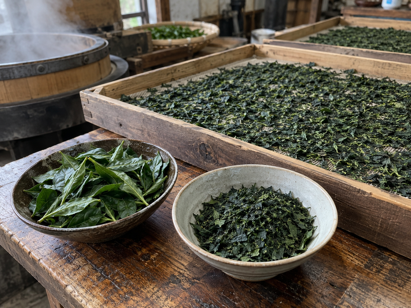 Fresh leaf and dried tencha displayed side by side