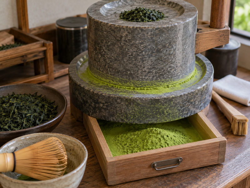 Tencha leaves beside a plausible stone-milling setup and powder