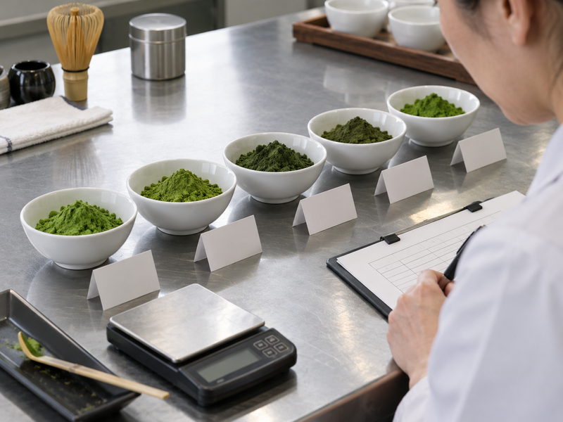 Coded powder bowls prepared for a blind buyer tasting