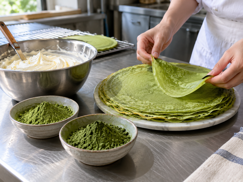Matcha powder tested with crepes and cream