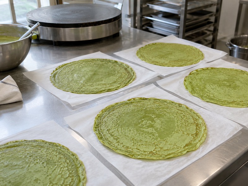 Thin matcha crepes cooled separately