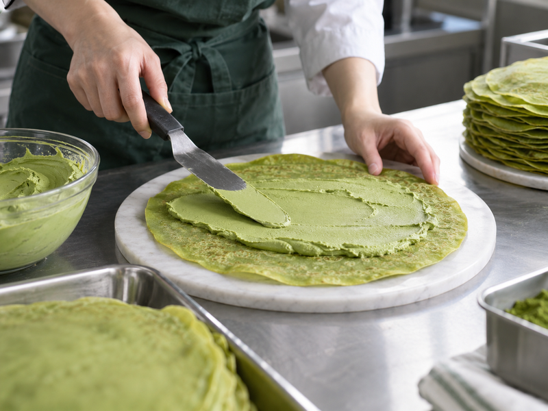 Matcha cream spread on a thin crepe