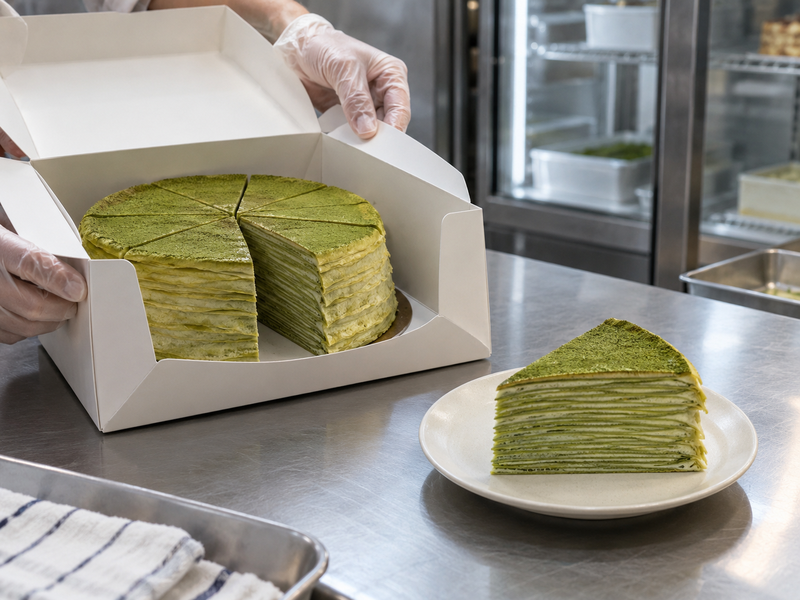 Chilled matcha mille crepe cake in a bakery box