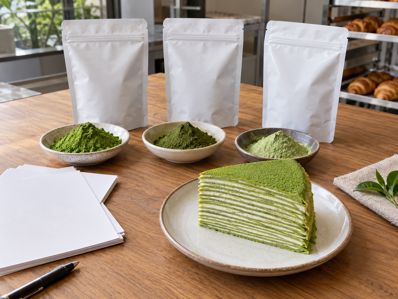 Supplier powder samples beside a mille crepe cake slice