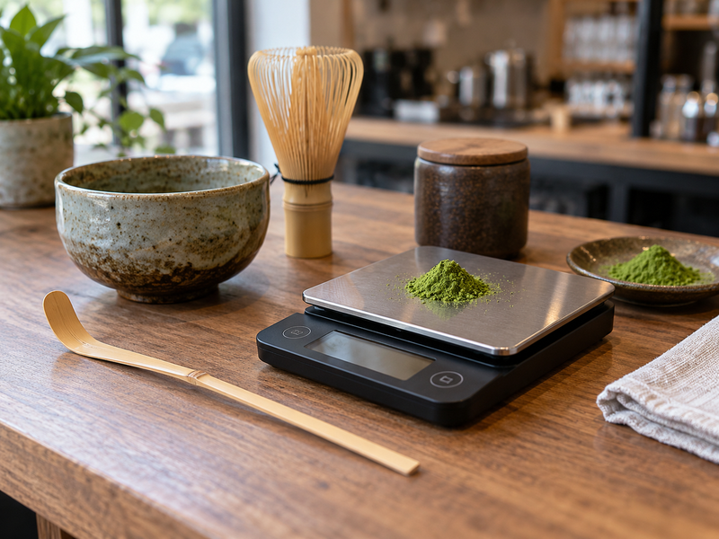 Matcha Scoop Size: A bamboo matcha scoop placed beside a digital gram scale with a small measured mound of powder, café standardization trial