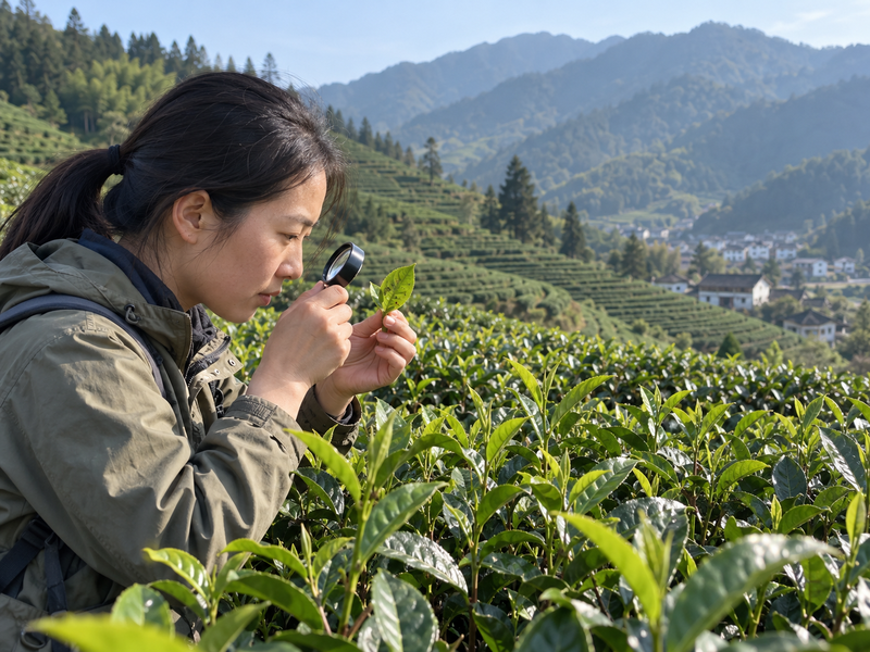 Agronomist inspecting tea leaves in a Chinese garden