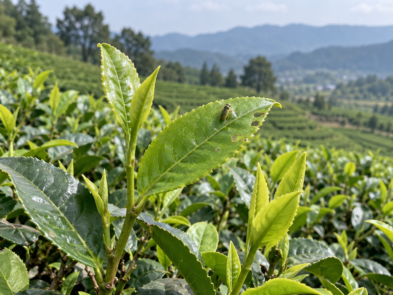 Tea leaf with a small insect and localized feeding marks