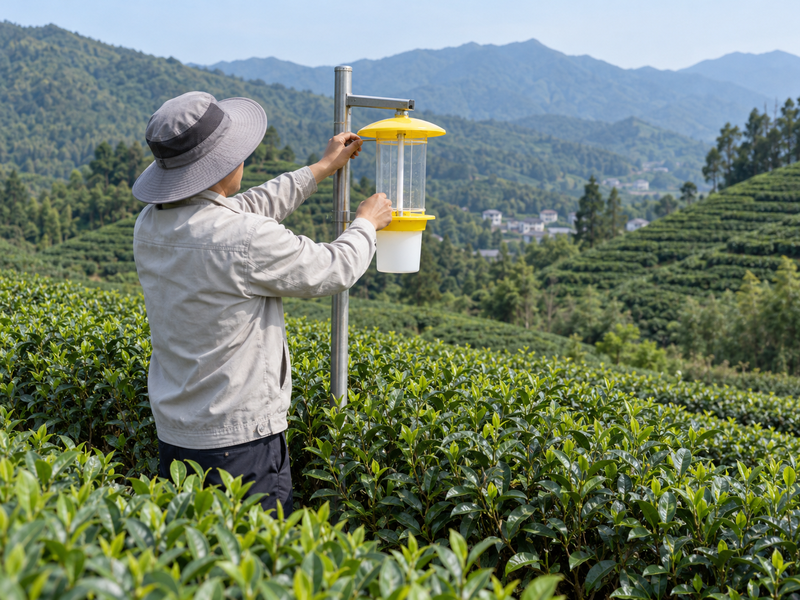 Agronomist placing an insect monitoring trap near Chinese tea bushes