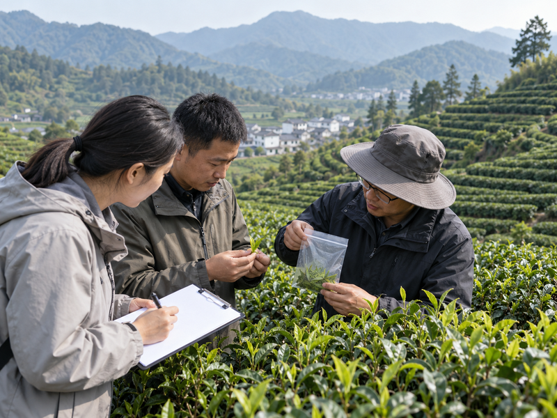 Unmarked field scouting materials beside Chinese tea rows