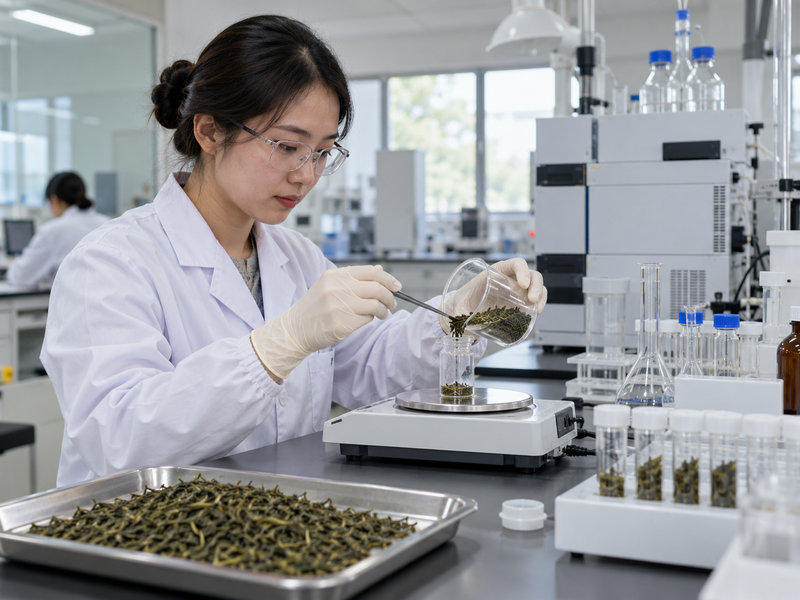 Technician preparing tea sample in a Chinese laboratory