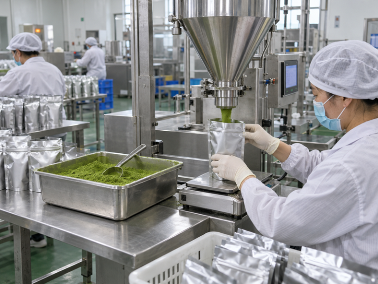 Technician checking matcha tea powder production equipment