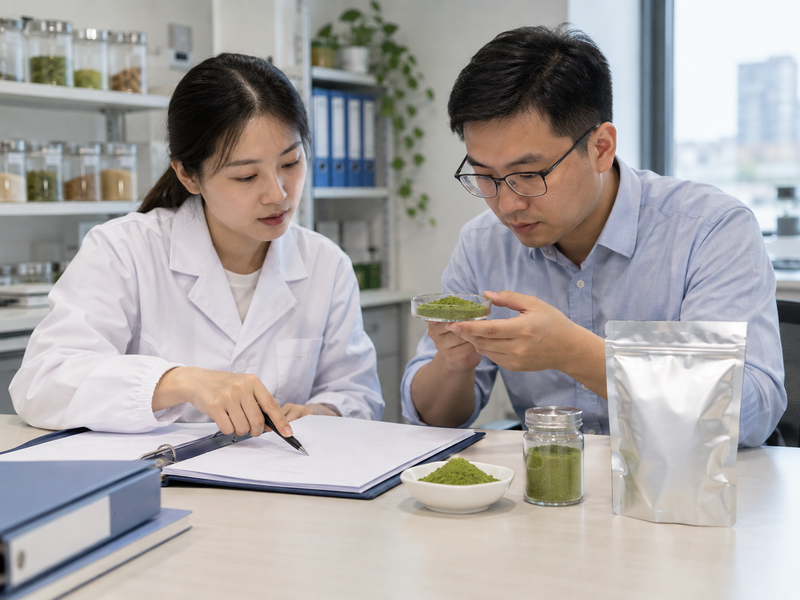 Matcha powder specification sheet beside a coded approved sample