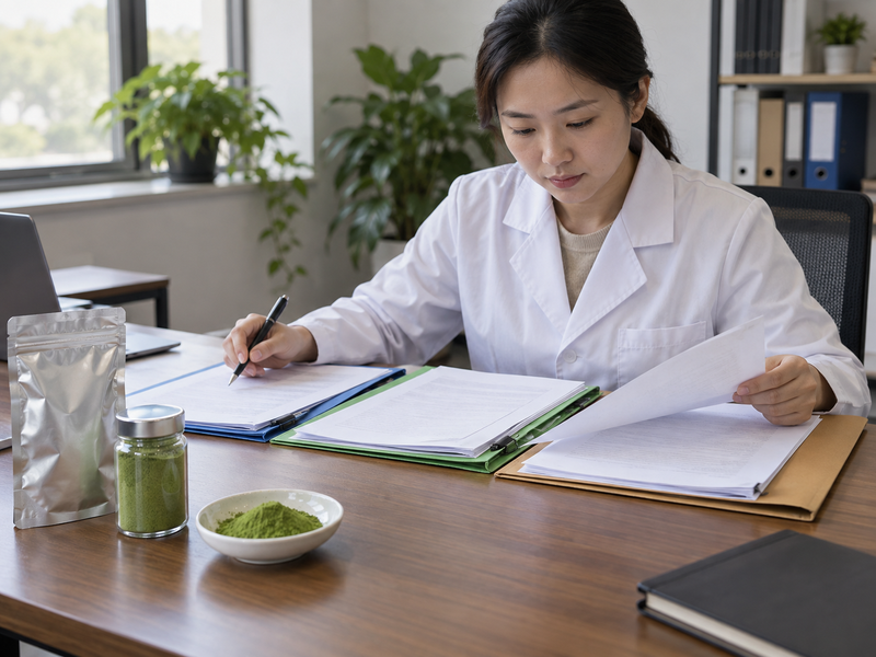 Factory quality staff signing release for a named matcha lot