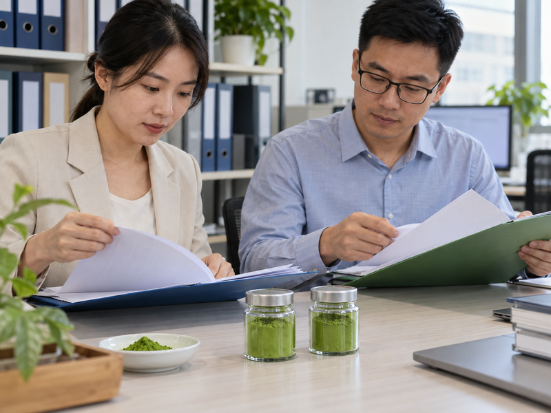 Buyer and supplier reviewing a controlled matcha product revision