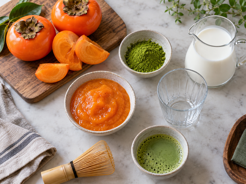 Persimmon matcha latte with visible orange fruit base and green tea layer in a clear café cup