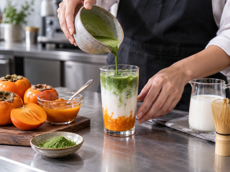 Barista weighing ripe persimmon flesh and blending a measured fruit base for latte trials