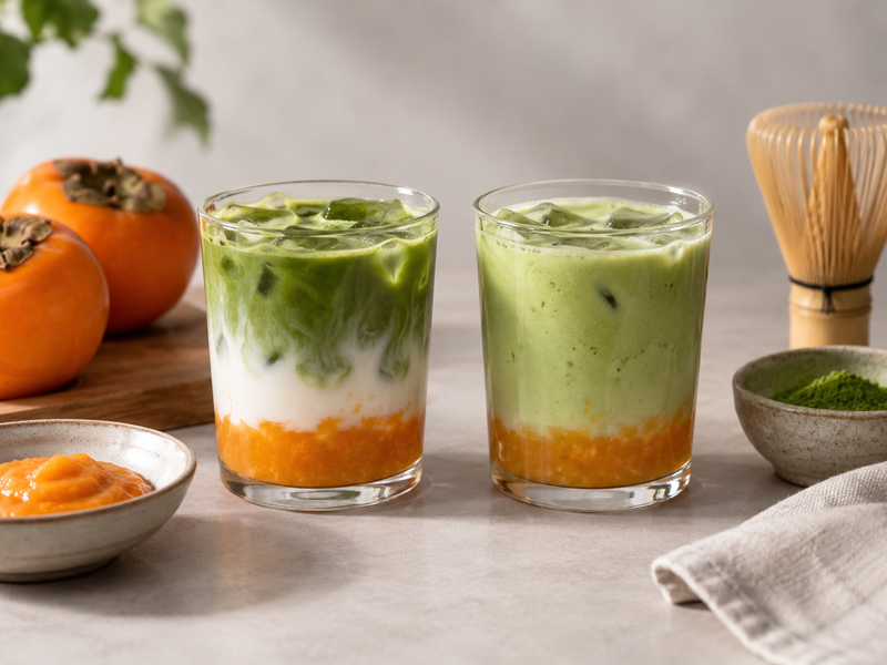 Three persimmon matcha latte trials with different milks and measured sweetness notes