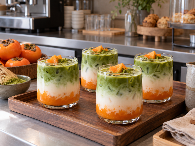Hot persimmon matcha latte pilot beside thermometer and café preparation notes