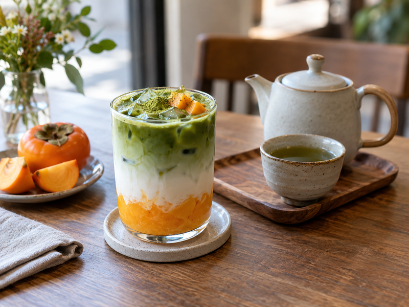 Café manager reviewing persimmon yield, matcha dose and drink costs beside finished lattes
