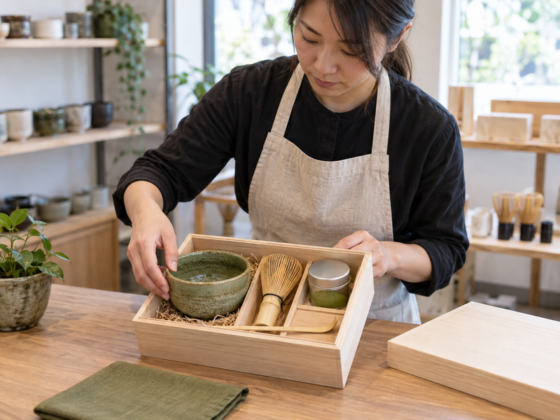 At Home Matcha Kit Guide: Retail staff arranging a matcha tea set of bowl, bamboo whisk, scoop and matcha tin to check fit and contents