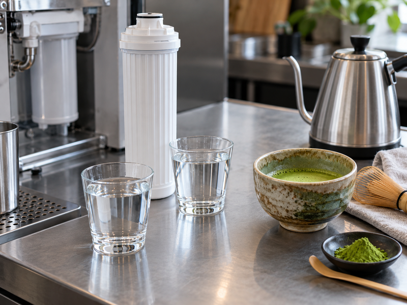 Café manager comparing source water and filtered water beside plain matcha tasting cups