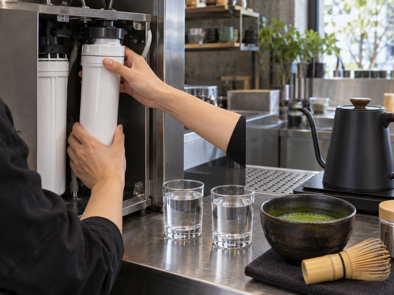Commercial filter cartridge labels and certified reduction claims reviewed at a café service counter