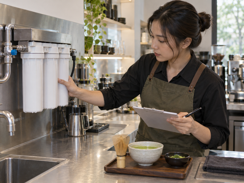 Technician inspecting café water filter connections and scale-prone beverage equipment