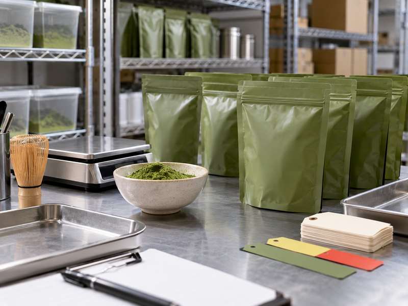 A warehouse receiver checking matcha pouch lot codes and case counts