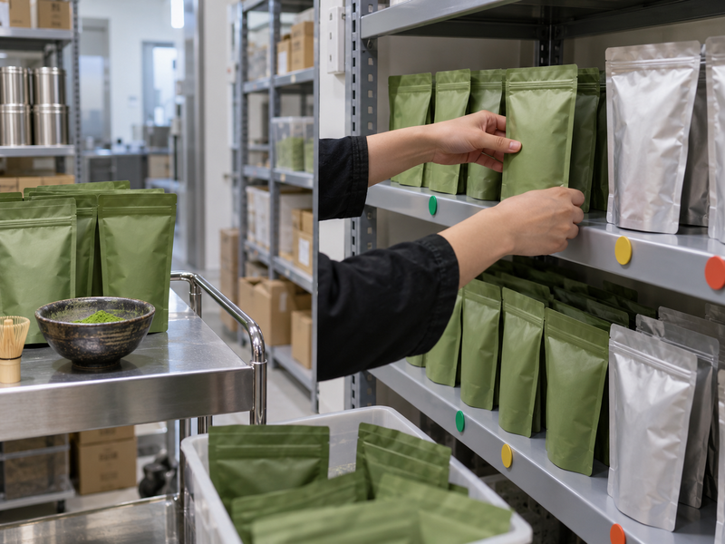 Sealed matcha pouches stored separately from a labeled café working tin