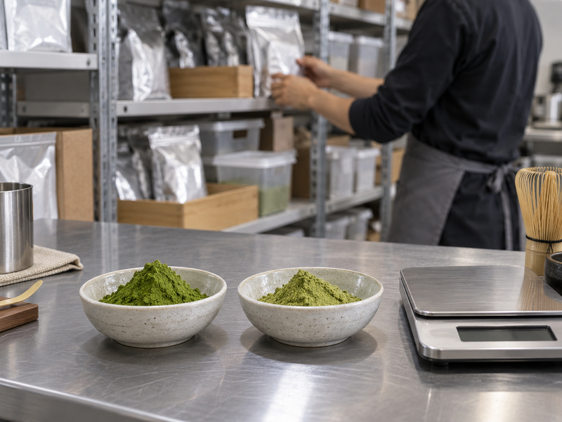 A café manager weighing an opened matcha tin during a closing stock count