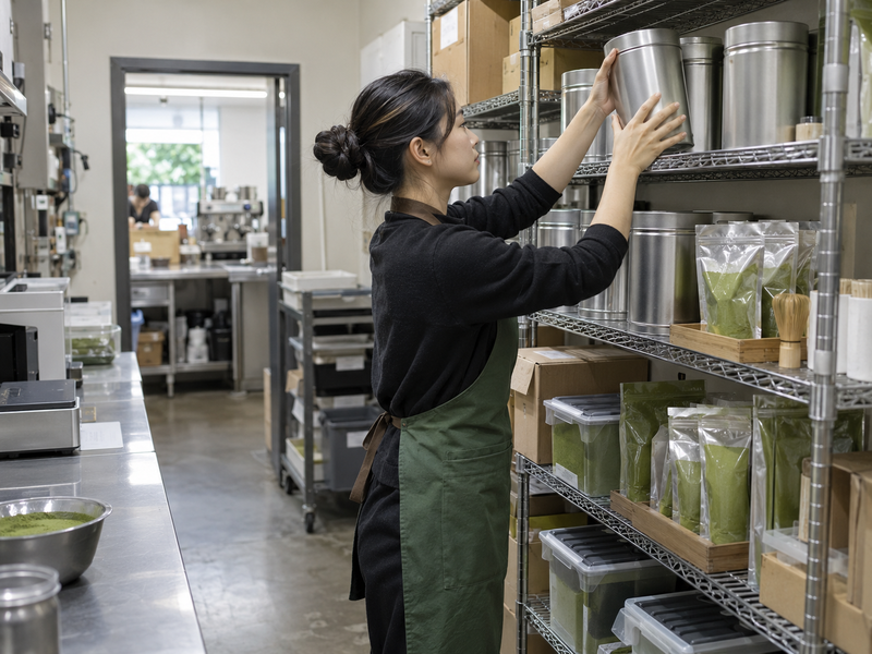 A buyer and café manager reviewing lot-level matcha stock across several stores