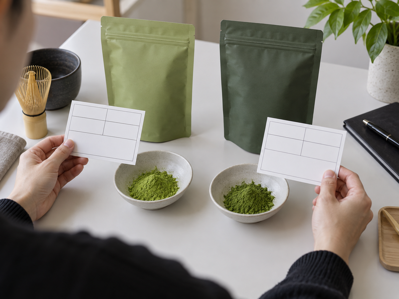 Buyer comparing anonymous matcha lots and source cards