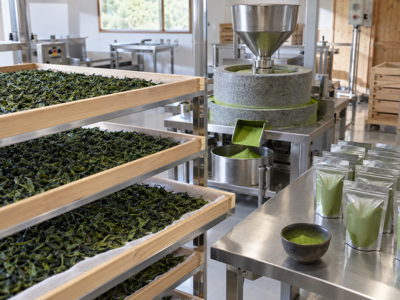 Tencha, milling and sealed powder at a clean production site