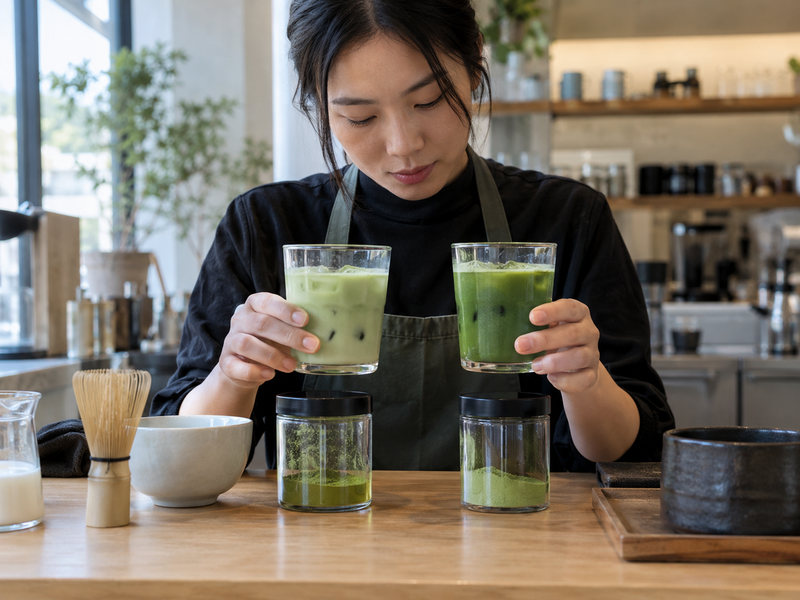Barista comparing two matcha drinks from coded lots