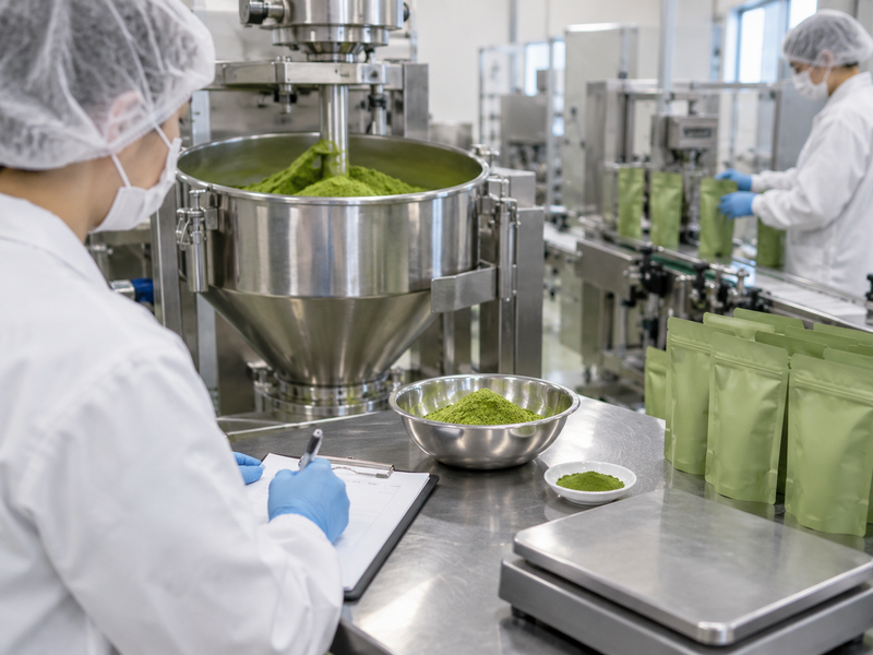 Shift staffing grid beside matcha filling equipment
