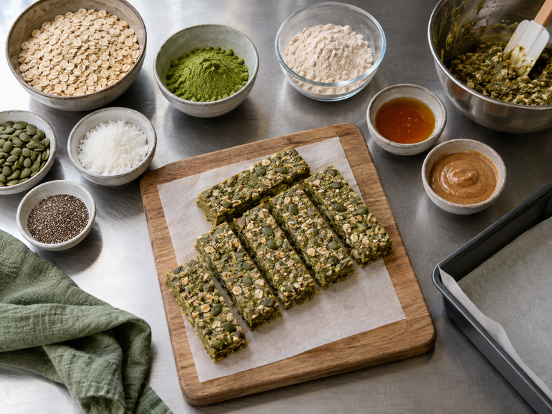 Matcha protein bars cut for cafe display