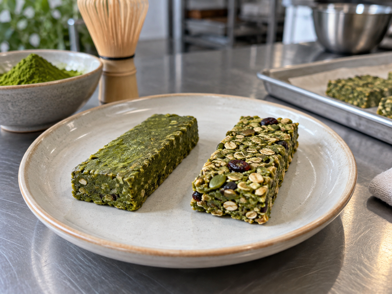 Matcha coating and base layers compared on protein bars