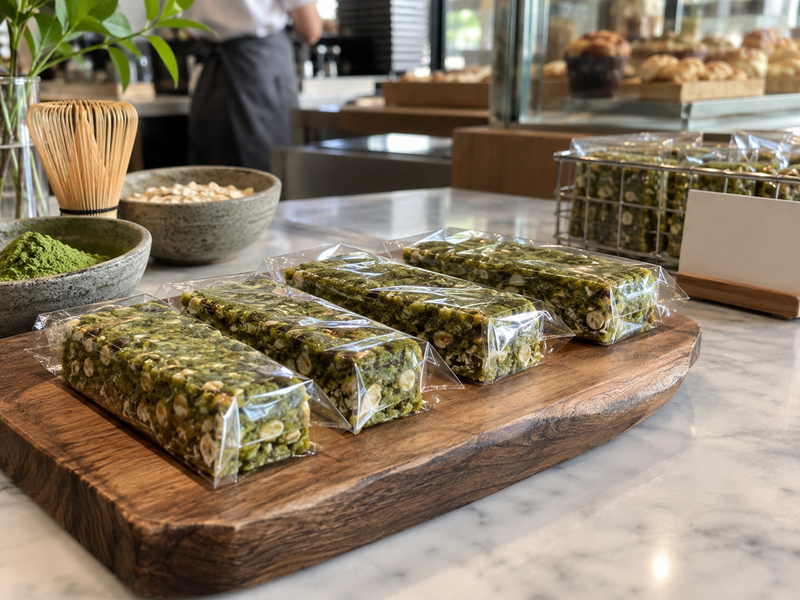 Costed matcha protein bars and packaging components