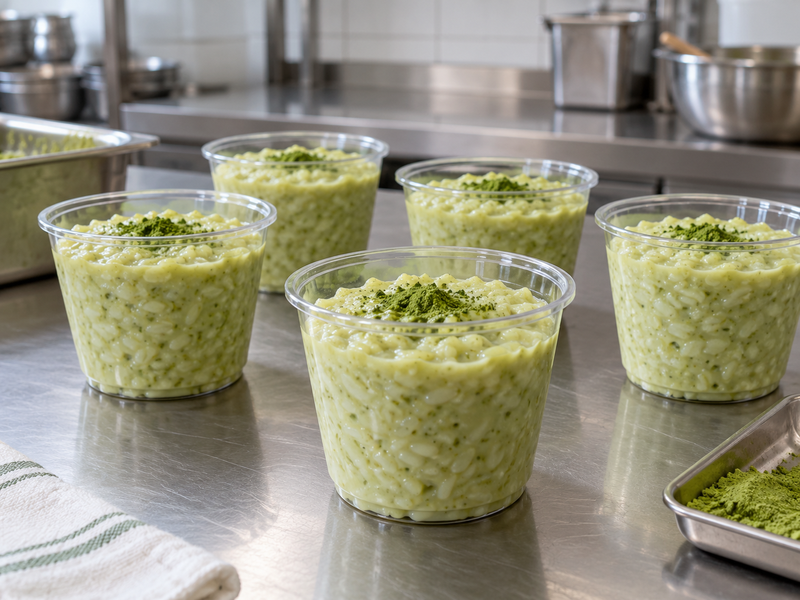 Finished matcha rice pudding portions evaluated on a commercial dessert counter