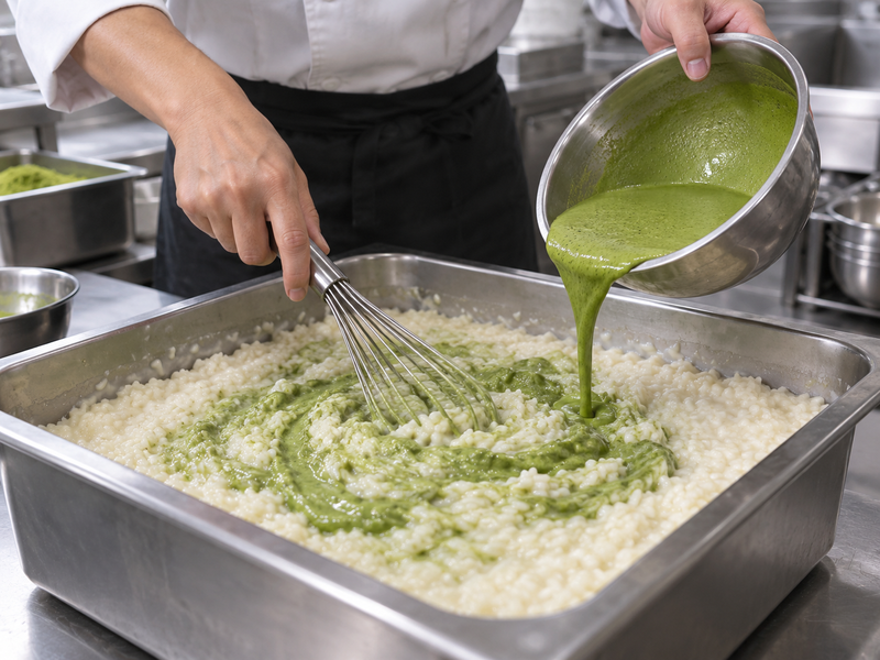 Matcha blended into cooked rice pudding during a controlled kitchen trial