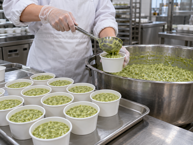 Commercial matcha rice pudding cups filled during a production trial