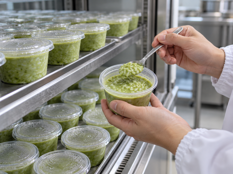 Sealed matcha rice pudding portions assessed in commercial chilled storage