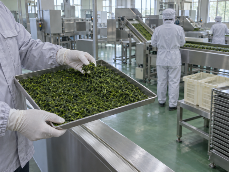 Tea leaves moving through a matcha factory process line