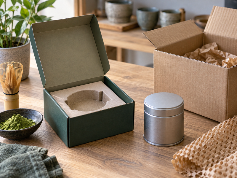 Unbranded matcha starter box opened to reveal tin and whisk