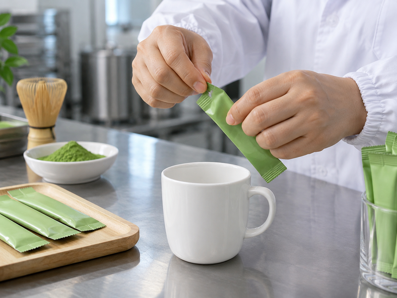 Simple matcha preparation card placed beside powder and whisk
