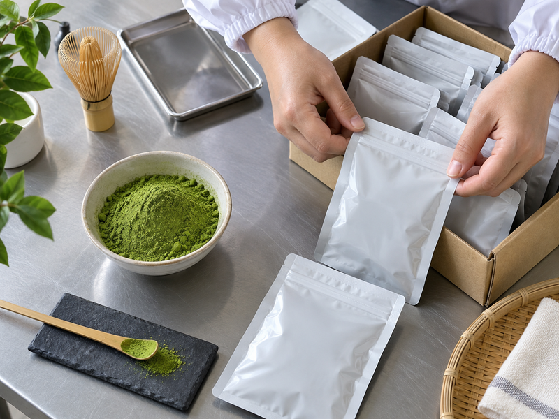 Organic matcha candidates beside distinct latte and straight-tea briefs